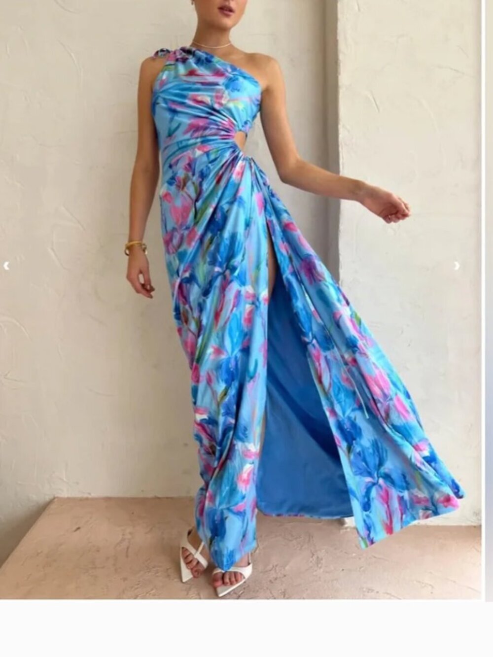 NWT Sonya Nour Cutout One Shoulder Satin Maxi Dress in Zuri Print Blue Tie Dye